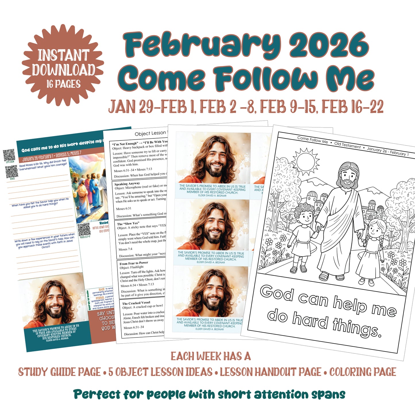 (Instant Download) February Come Follow Me Study Guide Lesson Help PDF pages with Bonus Pages (Jan 29- Feb 1, Feb 2-8, Feb 9-15, Feb 16-22) with Illustrated Study Guide Pages, Lesson Handouts, Object Lesson Ideas, and Coloring Pages for each week