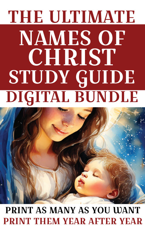 Cover of 'The Ultimate Names of Christ Study Guide Digital Bundle' with Mary holding baby Jesus against a starry night sky.