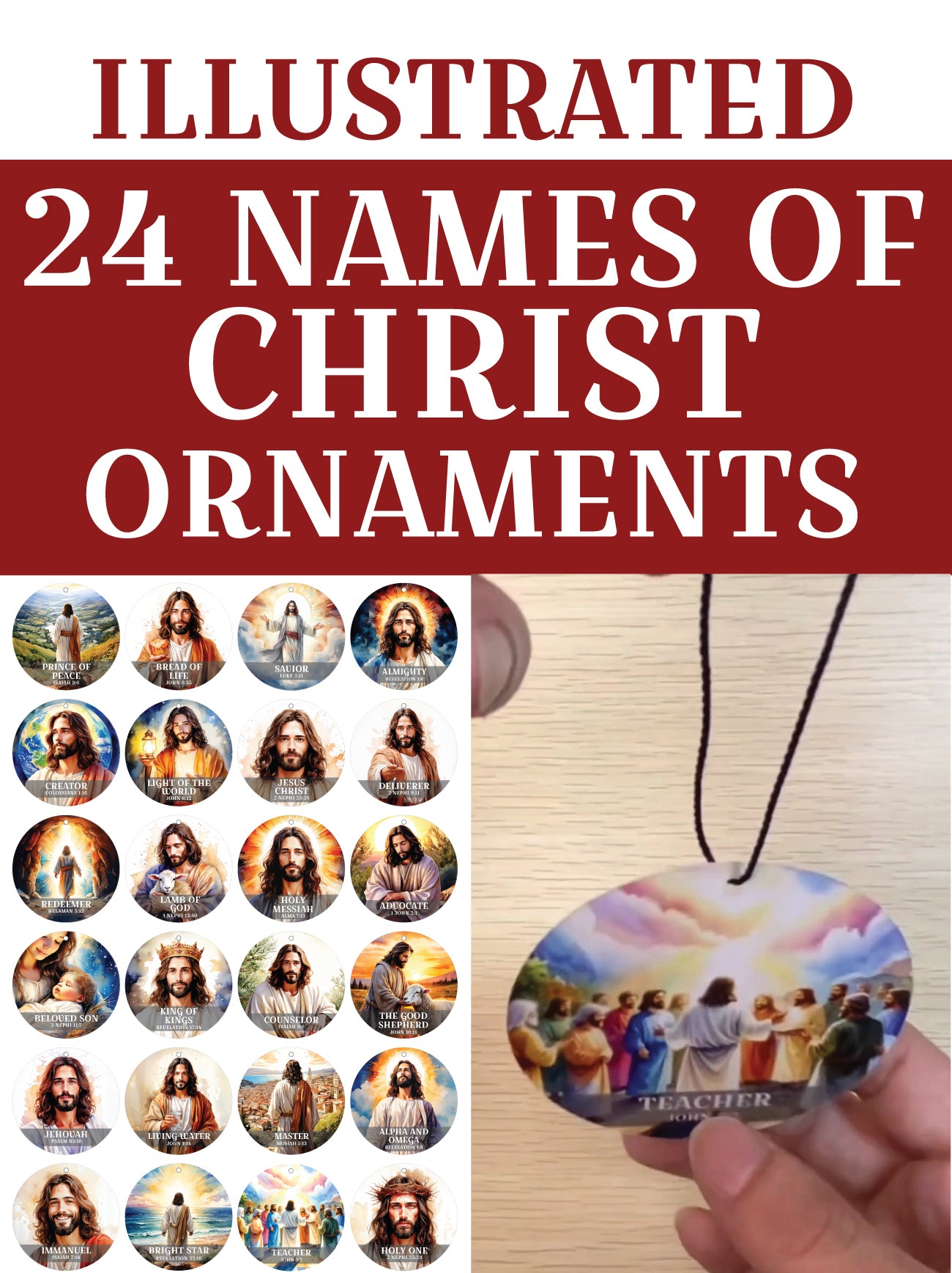 24 Names of Christ Christmas Ornaments – Durable Double-Sided Set