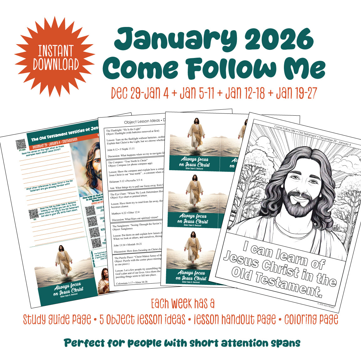 (Instant Download) January Come Follow Me Study Guide pages with Bonus Pages (Dec 29-Jan 4 + Jan 5-11 + Jan 12-18 + Jan 19-27) with Illustrated Study Guide Pages, Lesson Handouts, Object Lesson Ideas, and Coloring Pages for each week